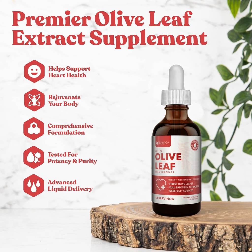 Rejuvica Active Olive Leaf Extract | Naturally Occurring Oleuropein Liquid Drops for Immune & Heart Support | Fast-Absorption, Vegan, Alcohol-Free | 6 fl oz