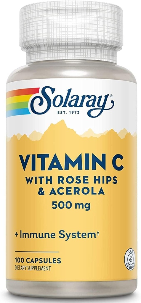 Solaray C w/Rose HIPS & Acerola, Capsule (Btl-Plastic) 500mg | 100 Count | Pack of 2
