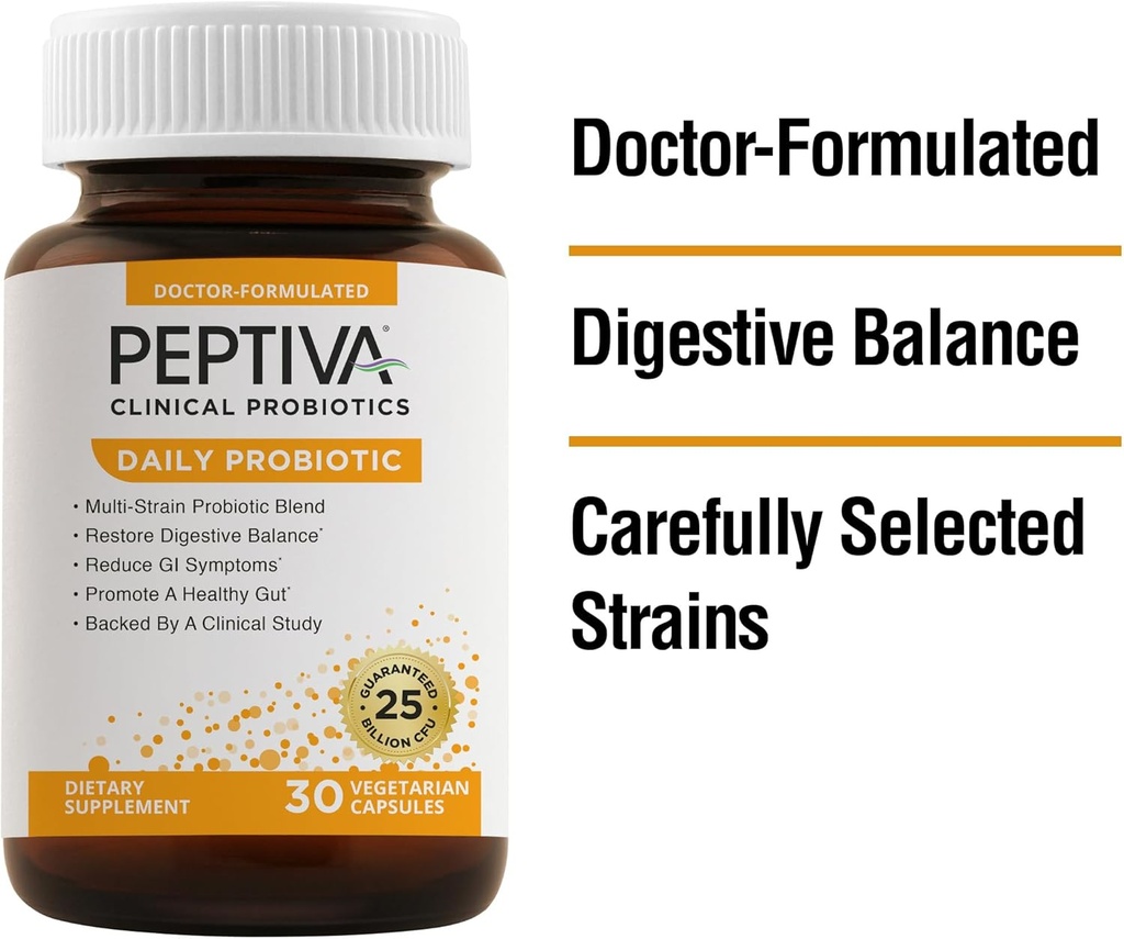 Peptiva Daily Probiotic, 25 milliarder CFU, Multi- Strain Probiotika, Lactobacillus Acidophilus, Bifidobacterium, fordøjelsesstøtte Supplement - 30 Tæl