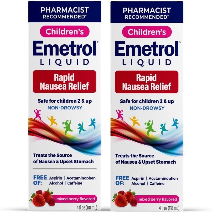 Emetro Børns Non- Drowsy Liquid Kvalme Relief - Opsat Mavemiddel - Kvalme Relief til børn - Blandede Berry Flavor - 4fl oz, 2 Pack