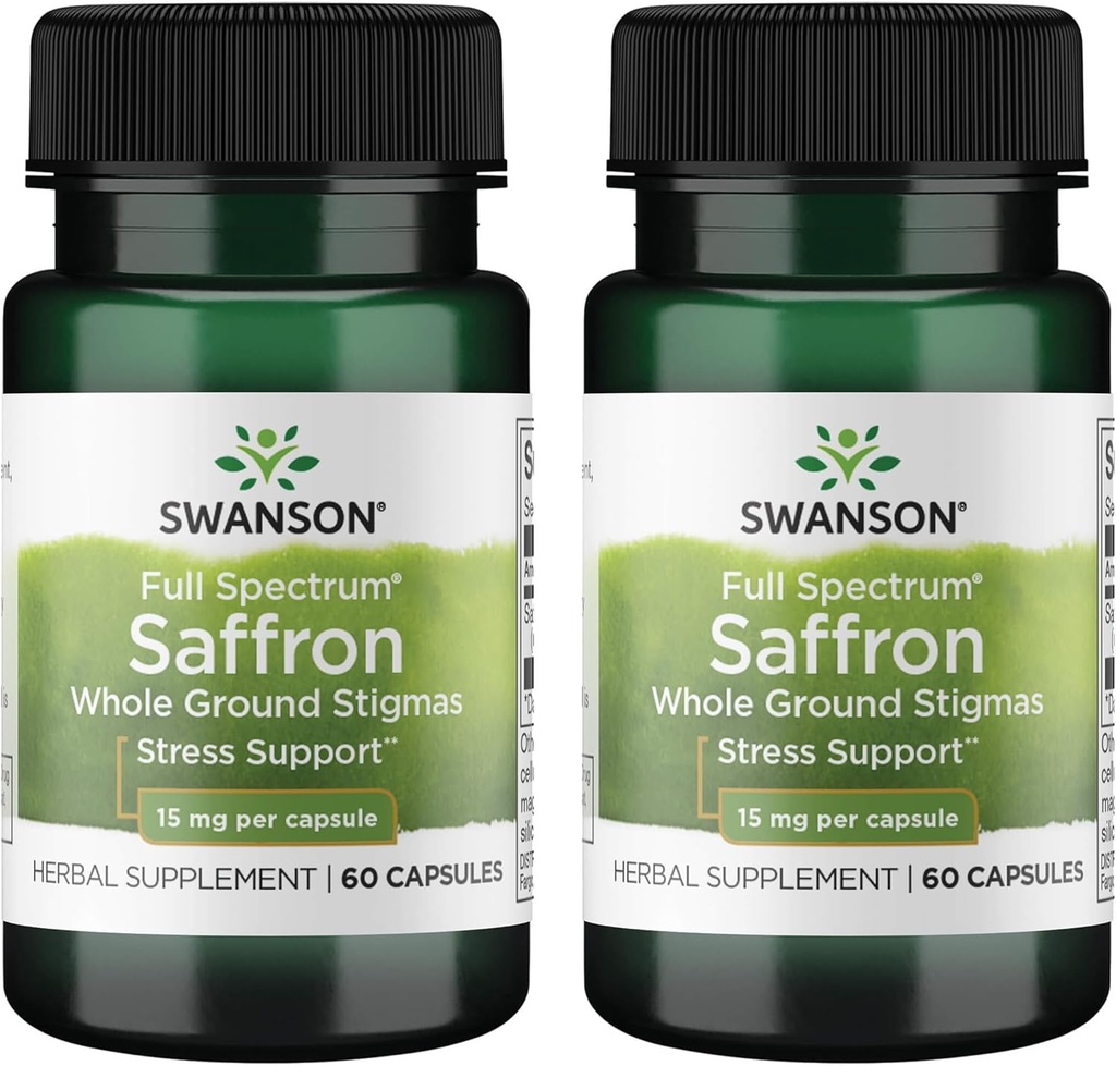 Swanson Full Spectrum Saffron (Whole Ground Stigmas) -Urtetilskud Fremme af naturlig Mood Support & Stress Management - Organic Spanish Saffron Supplement- (60 Veggie Kapsler, 15 mg Hver) 2 Pack