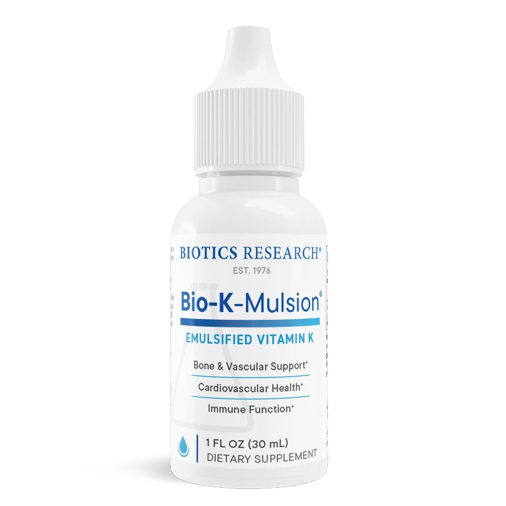 Biotics Research Bio K Mulsion Liquid Vitamin K Drops - 500 mcg / S - Vitamin K1 phytonadion til voksne - VIT K Supplement - Stærke knogler, hjerte sundhed, blodstørkning Support, 1 fl oz