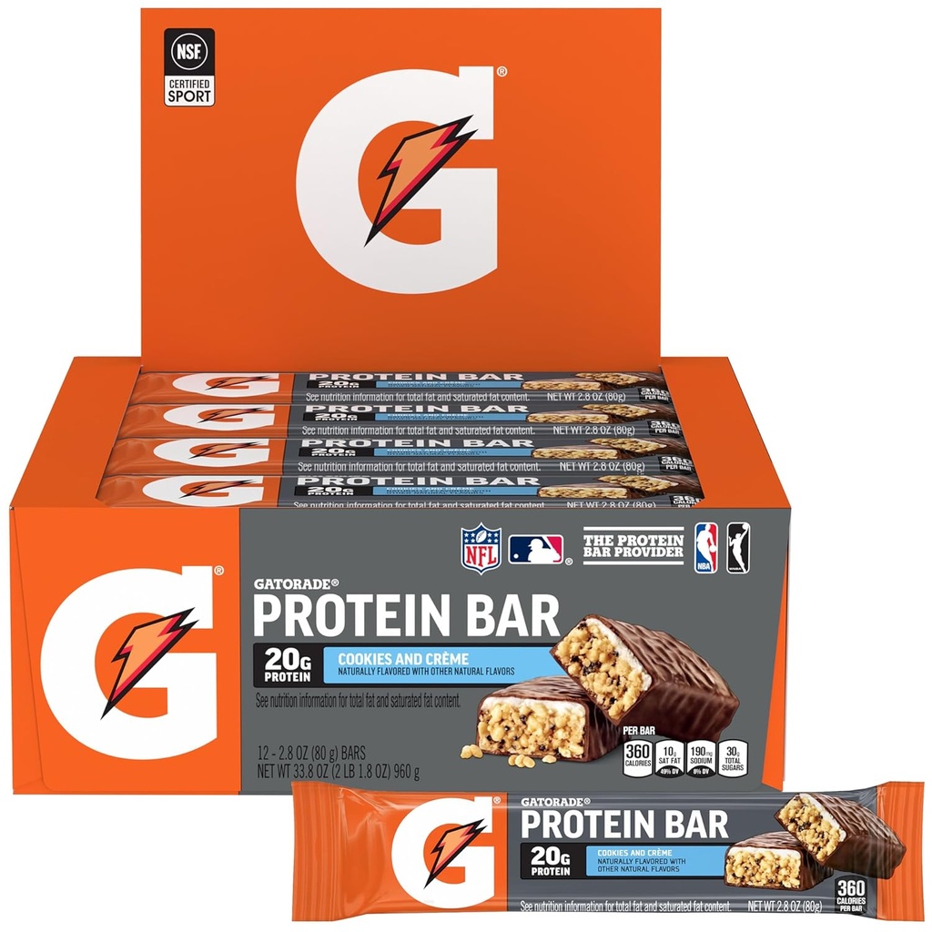 Gatorade Whey Protein Bars, Cookies & Crème, 2.8 oz barer (Pack of 12, 20g protein per bar)