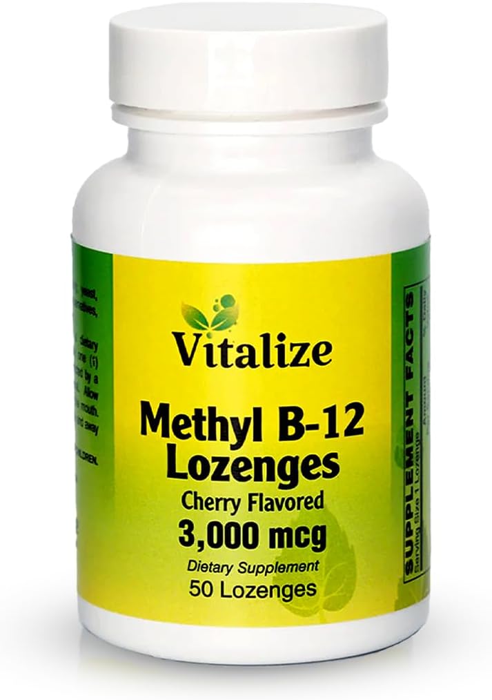 Vitalize - Methyl B-12 Lozenges - 124; B12-vitamin B12 Methylcobalamin - 124; B12 Supplement - 124; Cherry Flavor - 124; Energitilskud - 124; Understøtter energiproduktion og leversundhed - 124; 50 Lozenges pr. flaske - 124; 3000 MCG
