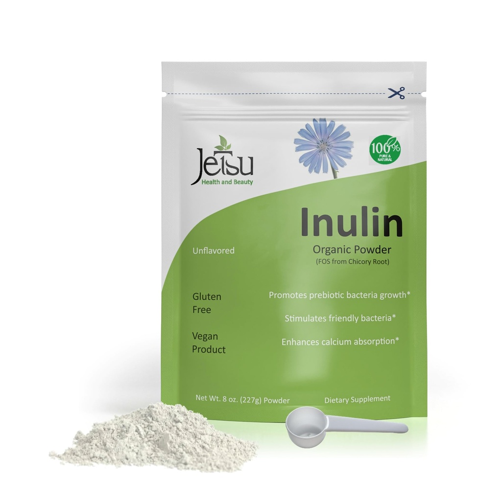 Jetsu Inulin Powder Organic Chicory Root (FOS) - Opløselig Inulin Fiber Prebiotic Intestinal Support, Forbedrer Calcium Absorption, Stimulerer Friendly Bacteria, fremmer Prebiotic Growth, 8oz
