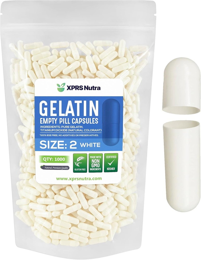 XPRS Nutra Størrelse 2 Tomme kapsler - 1000 Tomme Gelatine kapsler - Piller selv Kapselfyld - Pure Bovin Pill Gel Caps til Do- It- Yourself Kosttilskud (hvid)