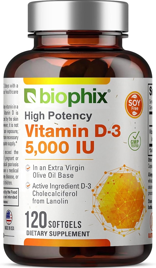 Vitamin D3 5000 IE Softgels 120 Count (125mcg) - Vitamin D-3 High- potens i Ekstra Jomfru Olivenolie Non- GMO soja gratis for mænd og kvinder - Vit 3D tillæg understøtter stærke knogler & immunforsvar