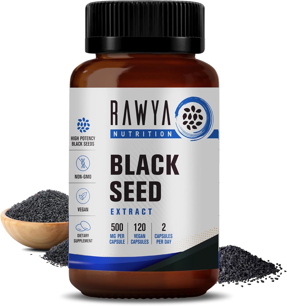 RAWYA Nutrition Black Seed Extract, Nigella Sativa, Black Cumin Seed Powder, 500 mg Hver, fremmer wellness, fleksibilitet, og strålende hud, Halal, Vegan, Pure & Natural Supplement - 120 Veganske kapsler