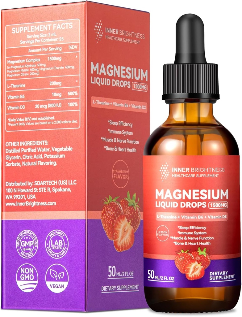 Magnesium Glycinate Flydende dråber med Magnesium Citrate & Taurat, L- Theanin, D3- vitamin, B6 - understøtter rolig, søvn, muskelafslapning, ben kramper & energi, sukkerfri jordbærsmag, 50ml