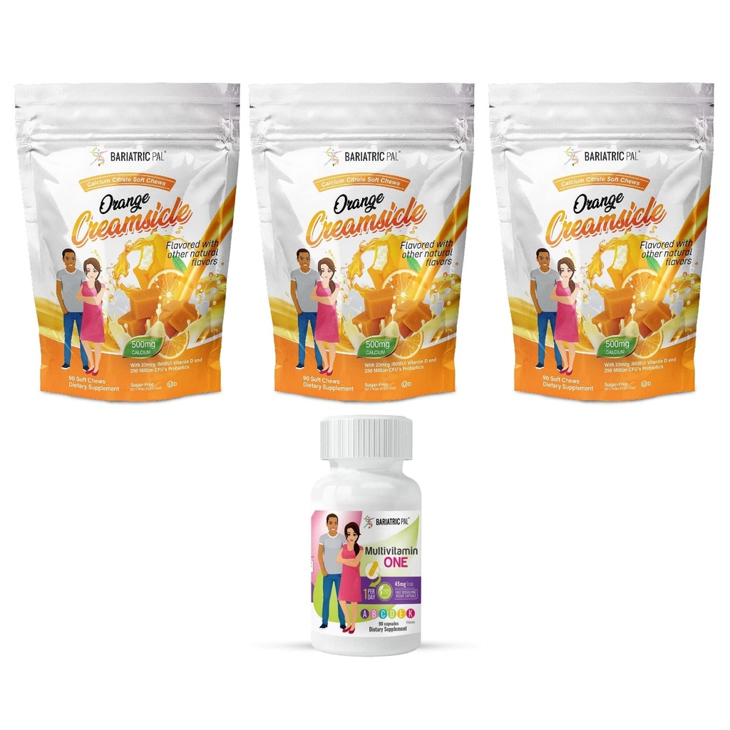 BariatricPal 90- Day Bariatric Vitamin Bundle (Multivitamin ON1 per dag! Kapsler med 45mg jern og calciumcitrat Soft Chews 500mg med Probiotika - Orange Creample)