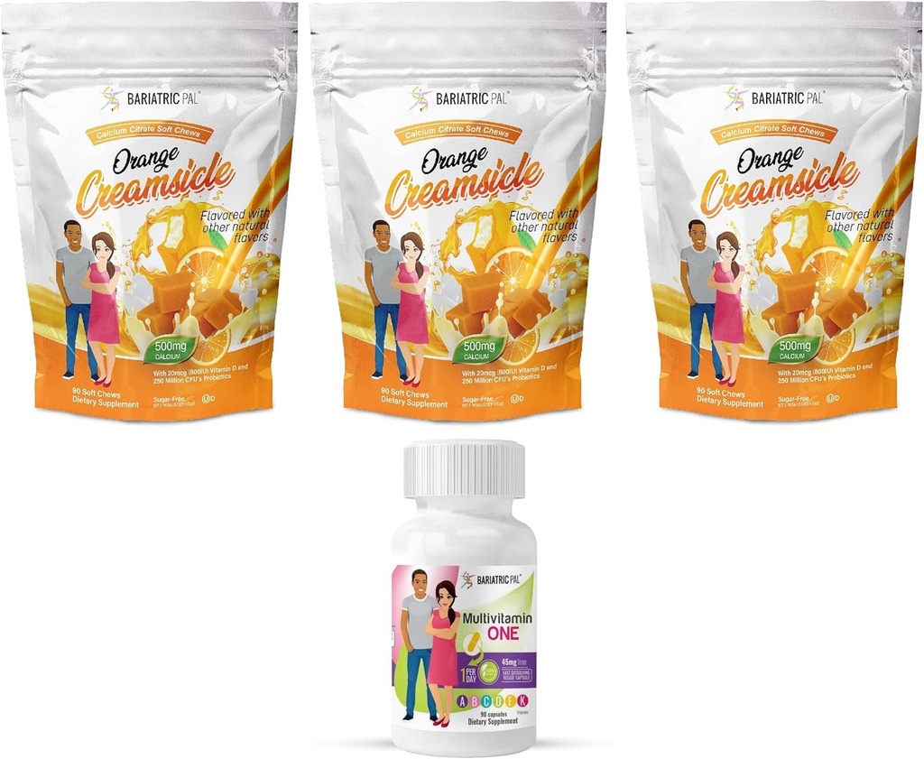 BariatricPal 90- Day Bariatric Vitamin Bundle (Multivitamin ON1 per dag! Kapsler med 45mg jern og calciumcitrat Soft Chews 500mg med Probiotika - Orange Creample)
