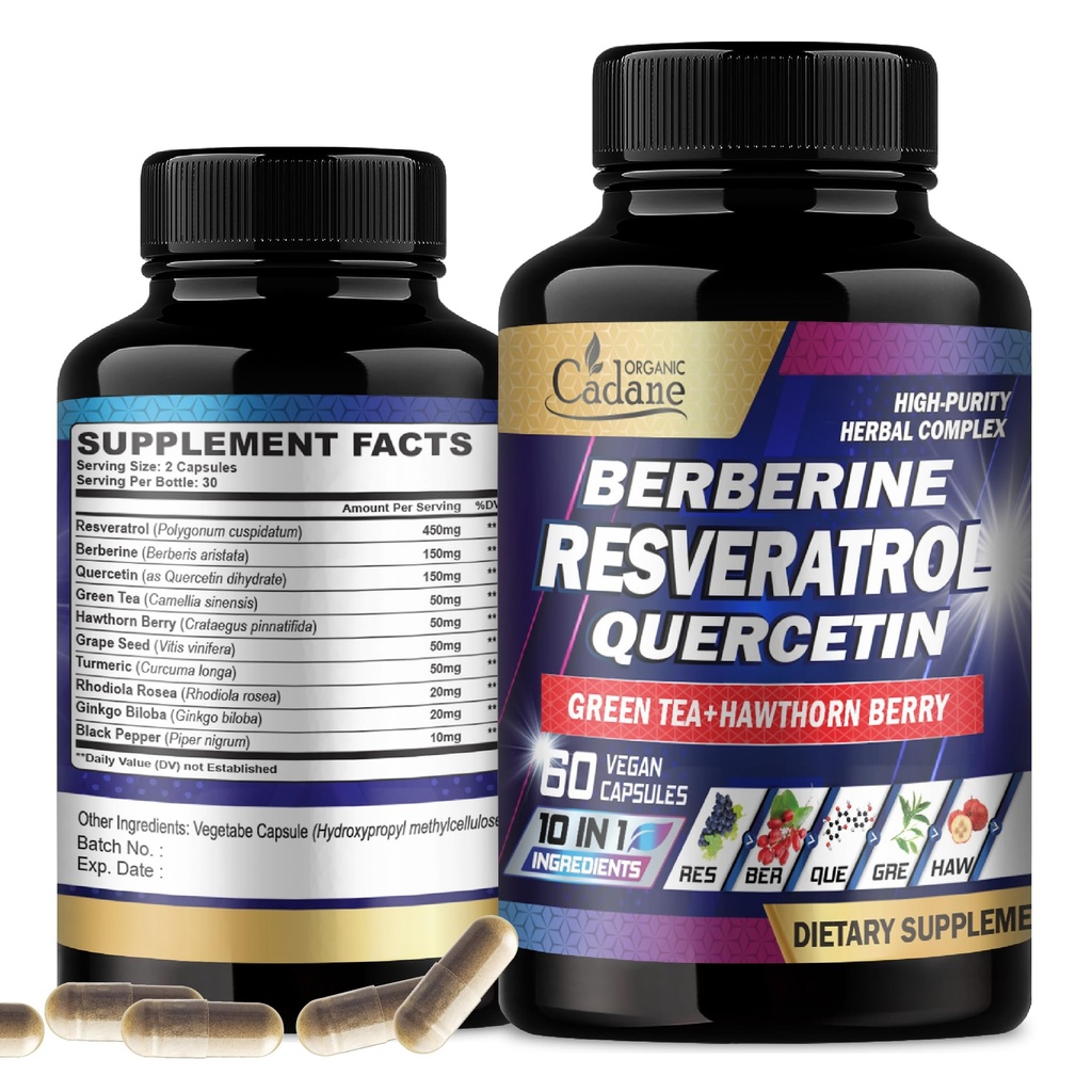 Cadane Resveratrol Supplement - 10in1 Plus med Quercetin, Berberine, grøn te, Grape Seed, Hawthorn Berry, gurkemeje, Rhodiola Rosea, Ginkgo Biloba, og Black Pepper - 60 Kapsler