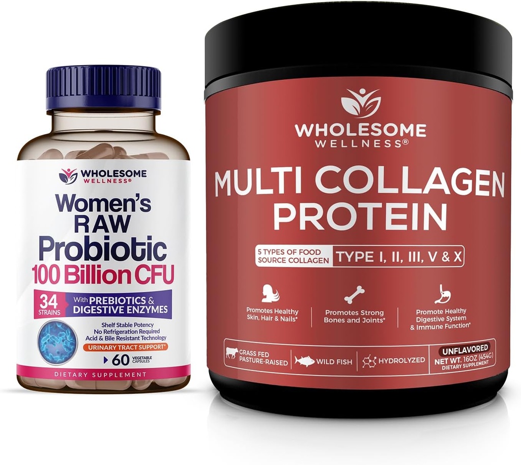 Grossome Wellness Probiotika til kvinder 100 Millioner CFU 'er med Prebiotika, fordøjelsesenzymer + Multi Collagen Protein Powder Hydrolyzed (Type I II III V X) Bundle