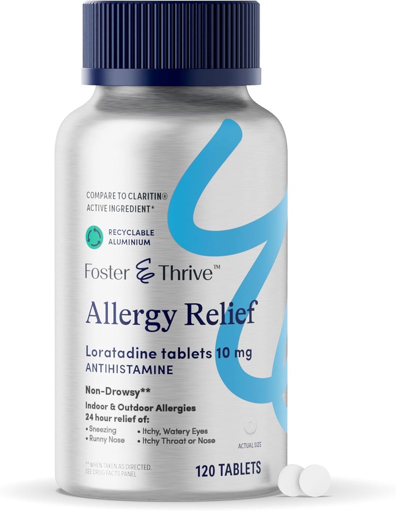 Foster & Thrive Loratadine 10mg Non Drowsy Allergy Relief for Sinus Pressure and Seasonal Allergier, Antihistamin Relieves Itchy Eyes, Nysen, Børn og voksne, 120 tabletter