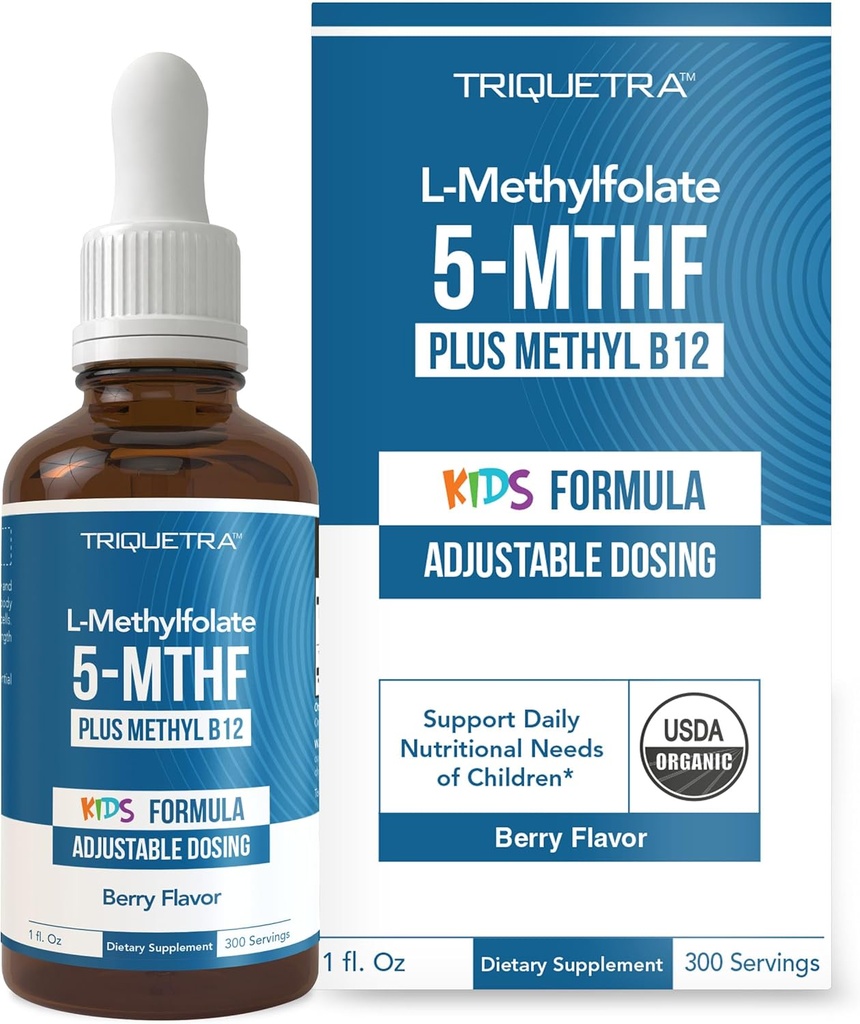 Organic Kids Methylfolate + Methyl B12 Cofactor - Organic Berry Flavor, Sublingual Form - 5- MTHF Form, Superior Form of Folate - Justerbar dosering for alle aldre - Mood, Behavior, Cognition - 1 oz.