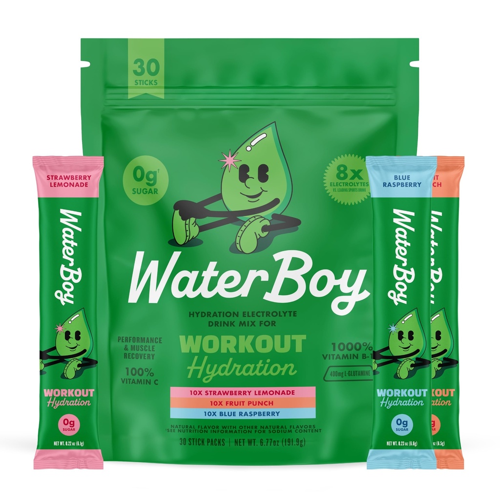 Waterboy Workout Hydration Mea124; 2,960mg Sugar Free Electrolyte Powder Packets Mea124; L- Glutamin + Vitamin Mea124; No Sugar, All Natural, Gluten Free (Variety)