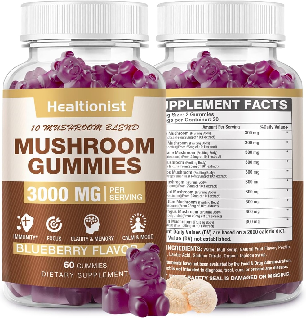 3000MG Mushroom Complex Gummies 10 Blend - Lions Mane Gummies for Voksne, Cordyceps, Shiitake, Reishi, Chaga, - Brain, immunforsvar & stress Relief, Energi, Mushroom supplement til mænd og kvinder 60ct