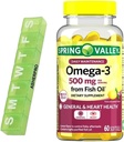 Spring Valley Omega-3 Fish Oil, 500mg, Omega 3 Fiskeolie, Fish Oil Omega 3 Kosttilskud, Omega3, Omega 3 Fedtsyretilskud, Fish Oil Kosttilskud, = 60 Count + Pill Organizer