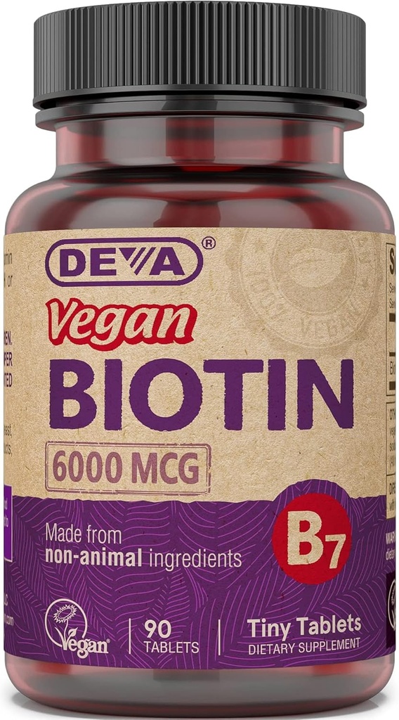 DEVA Vegansk biotin Supplement 6000 mcg - Easy- to- Swallow vitamin B7, Tiny Tablets, 90 Count