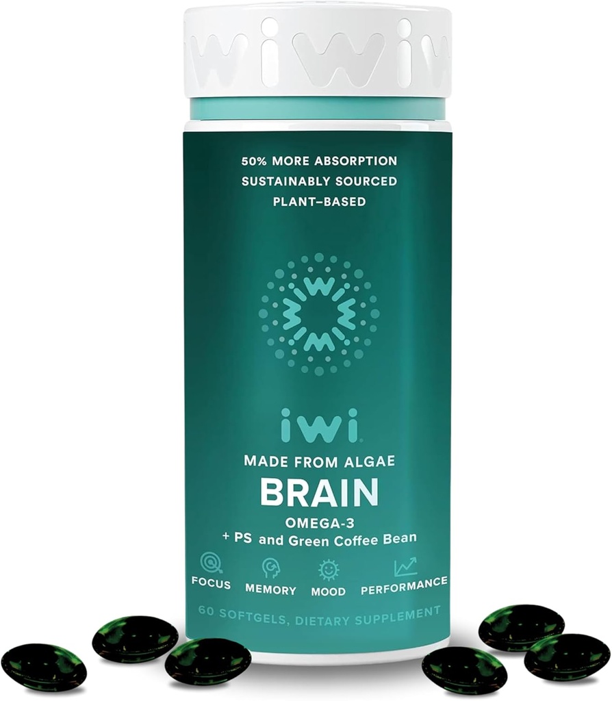 Iwi Life Brain Omega-3, 60 Softgels (30 Servering), Vegan Plant- baseret Algae Omega-3 med EPA + DHA, Focus, Memory and Mood Support, Krill & Fish Oil Alternative, Ingen Fishy Eftersmag