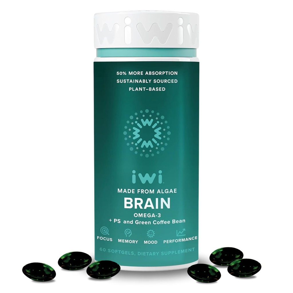 Iwi Life Brain Omega-3, 60 Softgels (30 Servering), Vegan Plant- baseret Algae Omega-3 med EPA + DHA, Focus, Memory and Mood Support, Krill & Fish Oil Alternative, Ingen Fishy Eftersmag