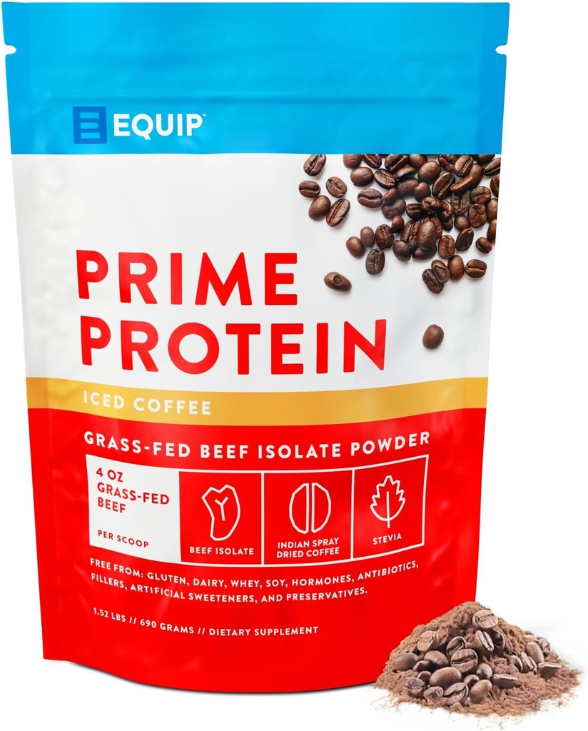 Equip Foods Prime Protein Powder | Clean, Grass Fed Beef Protein Powder | Carnivore Protein Isolate | Paleo, Keto Friendly, Gluten & Dairy Free | Helps Build & Repair Tissue | 30 Servings, Iced Coffee