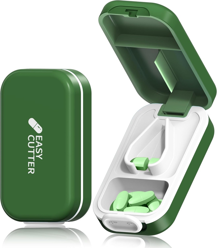 Pilleskærer til små eller store piller & tabletter Vitamin Design i USA.med aftagelig silikone pad og sikkerhedsspænde Design Let at åbne. (Olive)