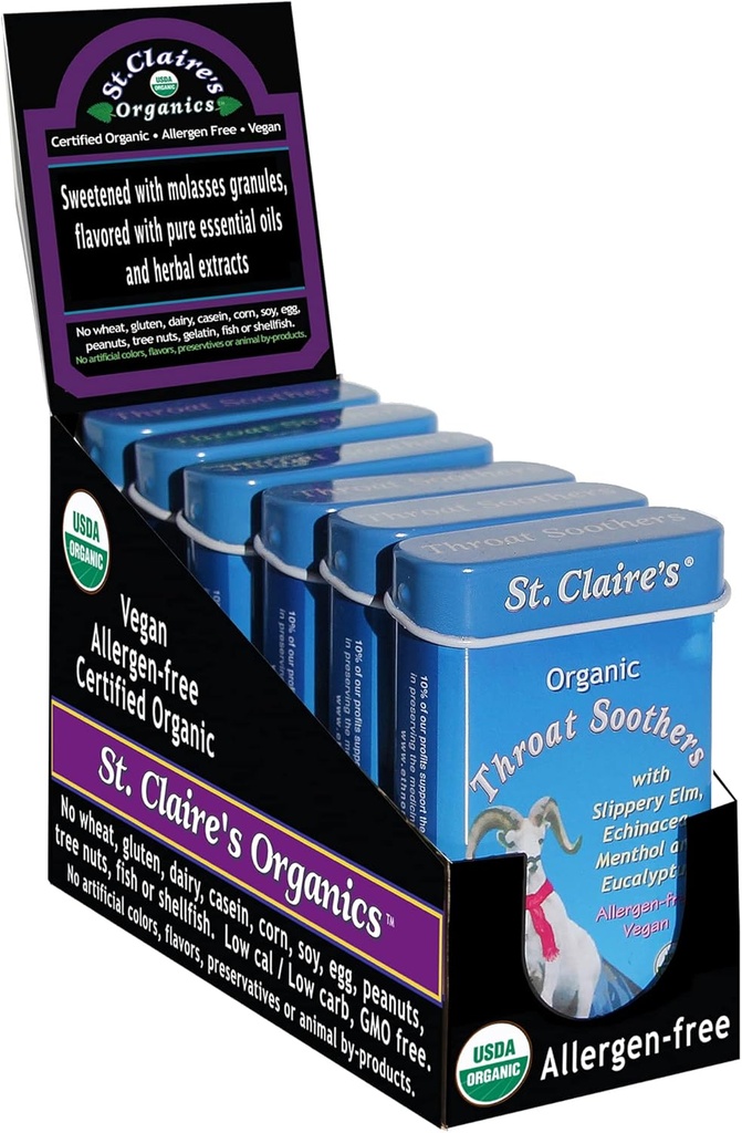 St. Claires Organics Throat Soothers, (1,5 Ounce Tin, Pack of 6); Gluten- Free, Vegan, GMO- Free, Plant- Based, Allergen- Free; Lavet i vores allergen- Free Facility