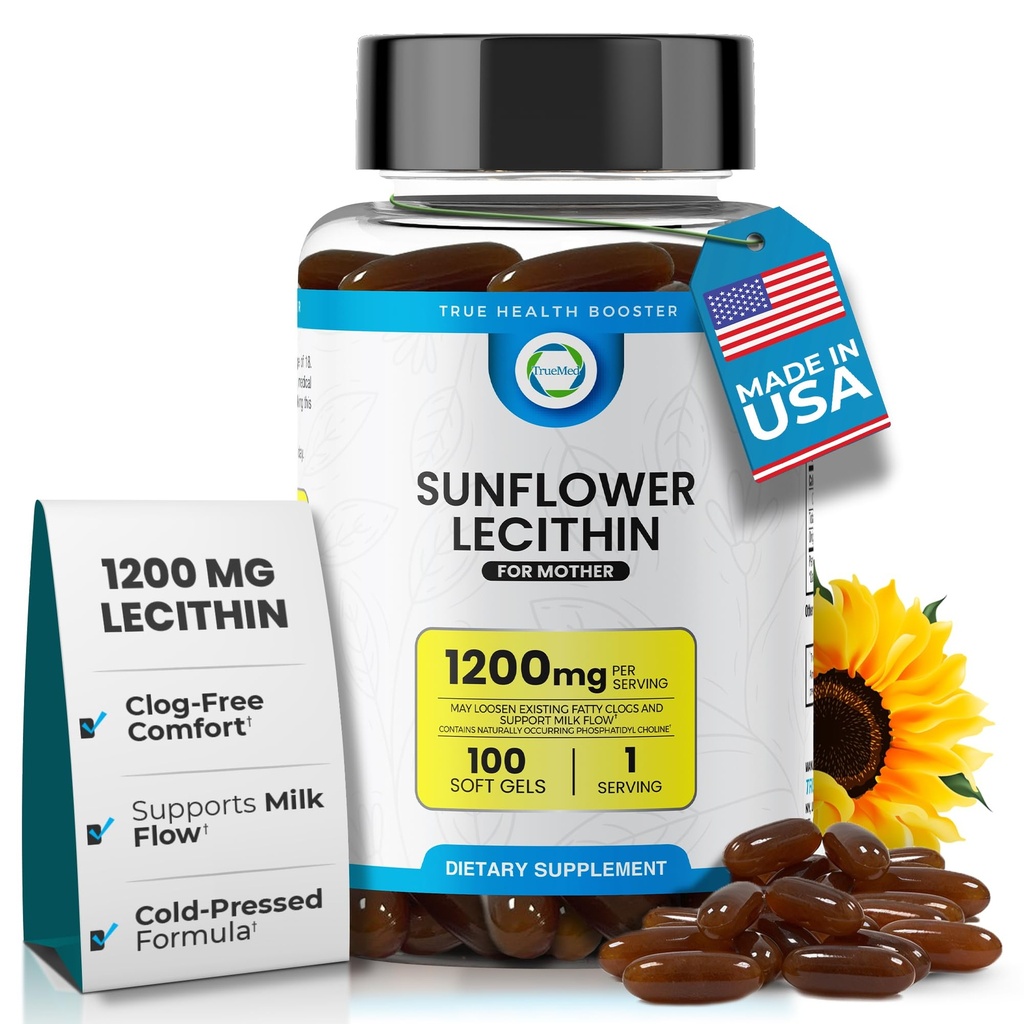 Solsikke Lecithin 1200 mg, Milk Flow, Soy- Free & Non- GMO Support til ammende mødre Unblocks Clouged Milk Ducks, Brain, Nerve & Lever Sundhed, Phospholipid- Rich for Mother 100 Softgel