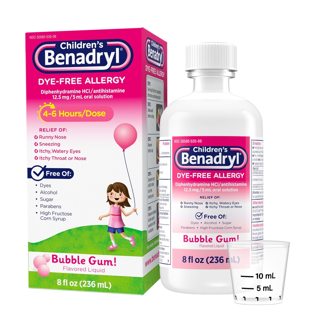 Benadryl Children - Free Allergy Relief Liquid, Allergy Medicine for Kids, 12, 5 mg Diphenhydramin HCl Antihistamin, Relieves Runny Næse & Nysen, Paraben- Free, Bubble Gum Flavor, 8 fl.