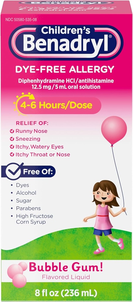 Benadryl Children - Free Allergy Relief Liquid, Allergy Medicine for Kids, 12, 5 mg Diphenhydramin HCl Antihistamin, Relieves Runny Næse & Nysen, Paraben- Free, Bubble Gum Flavor, 8 fl.