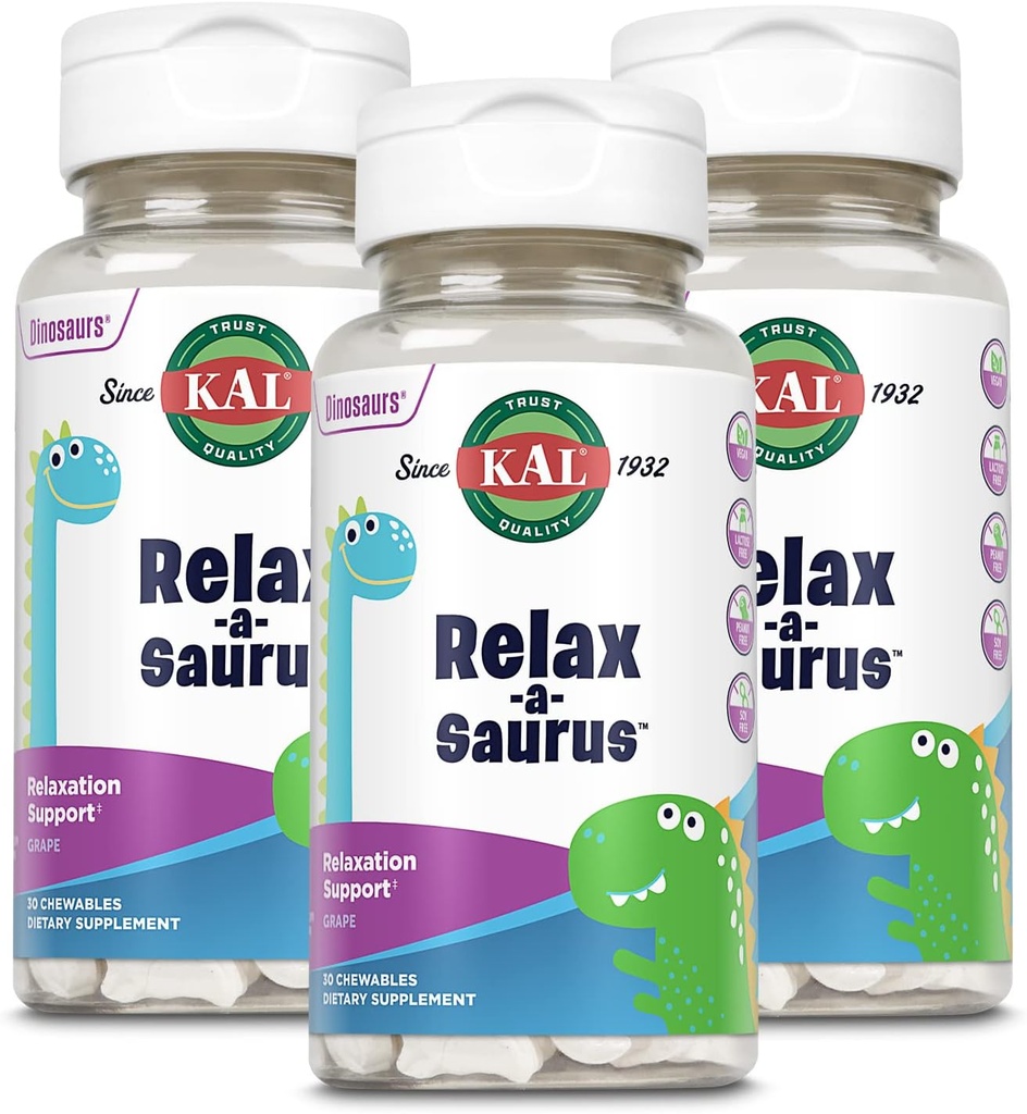 KAL Relax-a-Saurus, Stress Support Supplement for Kids, L-Theanine for Children with Herbal Stress Relief & Relaxation & Blend, Delicious Natural Grape Flavor, 60-Day Guarantee, 30 Chewables Pack of 3