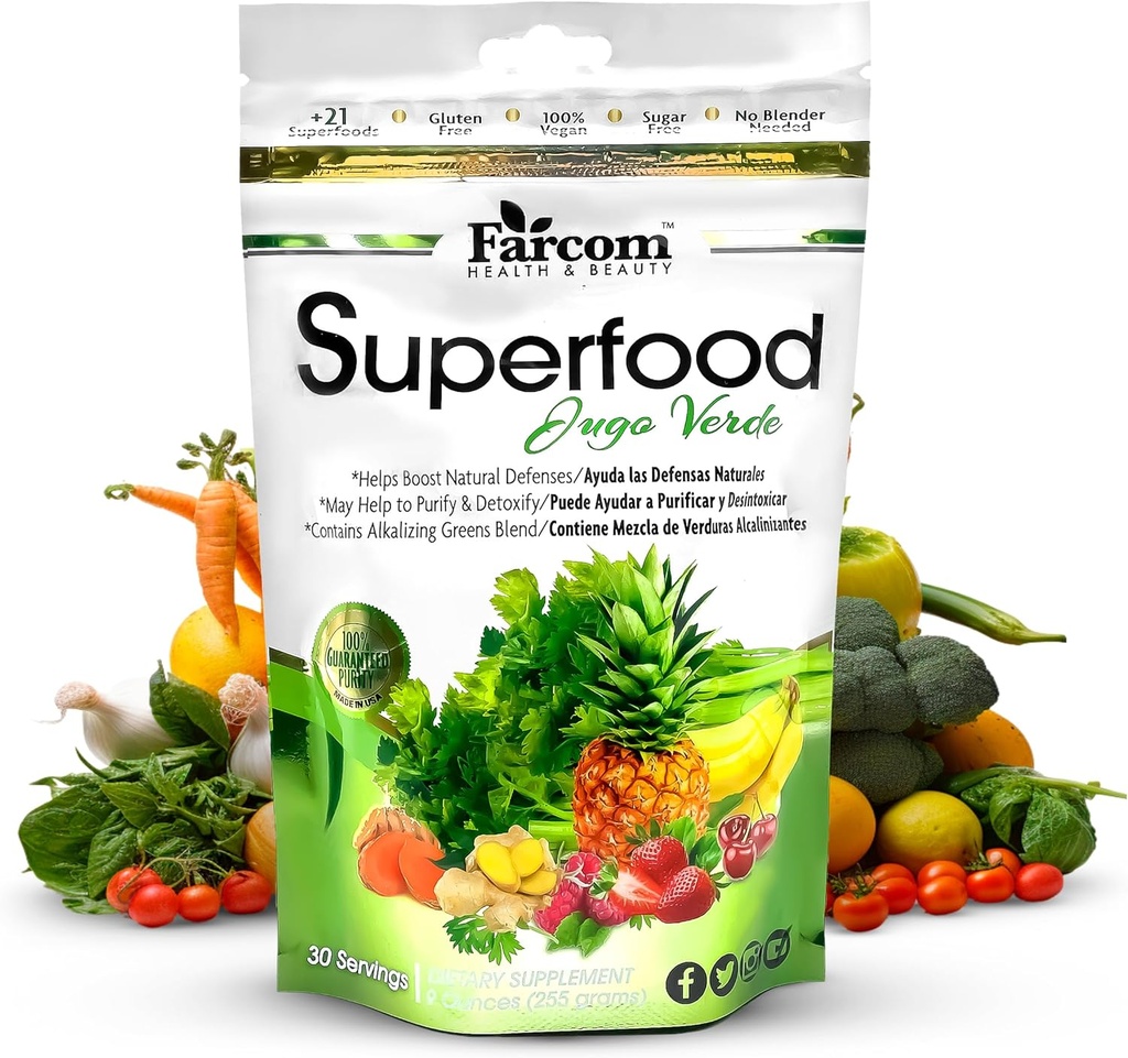 Superfood Green Juice Powder - Blend of Over 21 Super Green, Adaptogens, Prebiotika, Probiotika, Antioxidanter - Detox, Energi, og immunsupporttillæg - Vegan, Gluten- Free