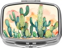 Dynippy Pill Case Pill Box with Mirror Retro Pocket 2 Compartment Medicine Case Vitamin Pill Organizer for Pocket Purse and Travel (Silver- Cactus Pattern)
