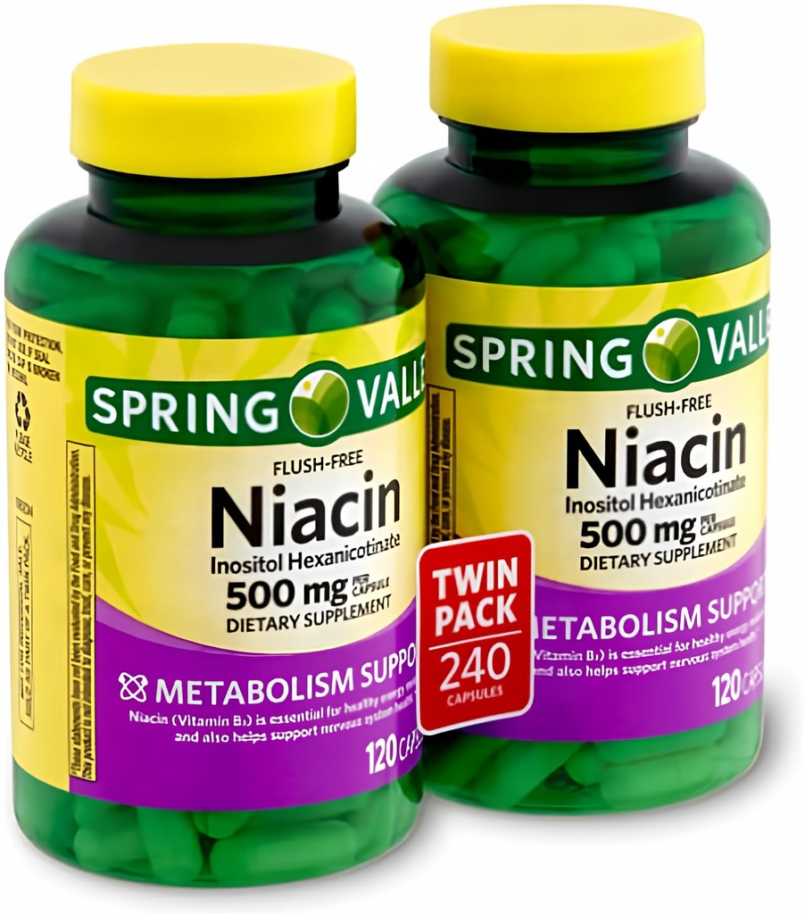 Spring Valley - Flush Free Niacin (B-3) 500 mg, 240 kapsler (2 flasker á 120)