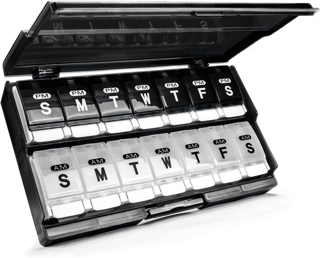 Ekstra stor ugentlig pille Organizer 2 gange om dagen - Remtise Am / Pm Daily Pill Case Medicine Organizer, Push Button 7 Day Pill Box for piller / Vitamin / Torsk Lever Olie / Kosttilskud (sort & hvid)