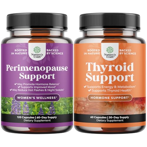 Bundle af perimenopause supplement med Maca Root Vitex Berry & Black Cohosh for Hot Flashs Night Sweats Hormone Balance & Mood og Thyroid Support med L Tyrosine Bladerwrack Selenium & Ashwagandha