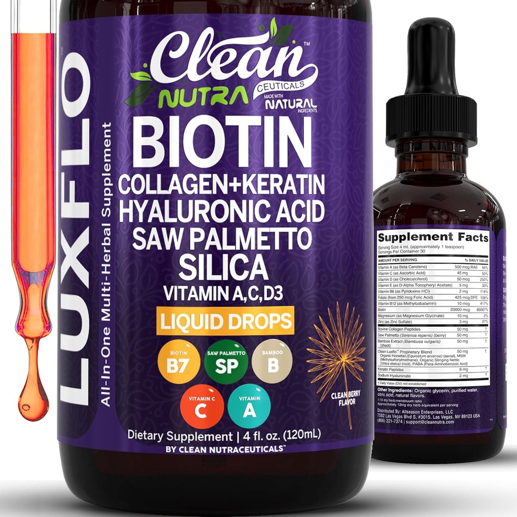 Biotin Flydende dråber Collagen Keratin Hyaluronsyre Sav Palmetto til hår hud og negle Silica Vitamin A C vitamin D Bambus gurkemeje Zink Folate Magnesium Horsehale LuxGlo af Clean Nutra
