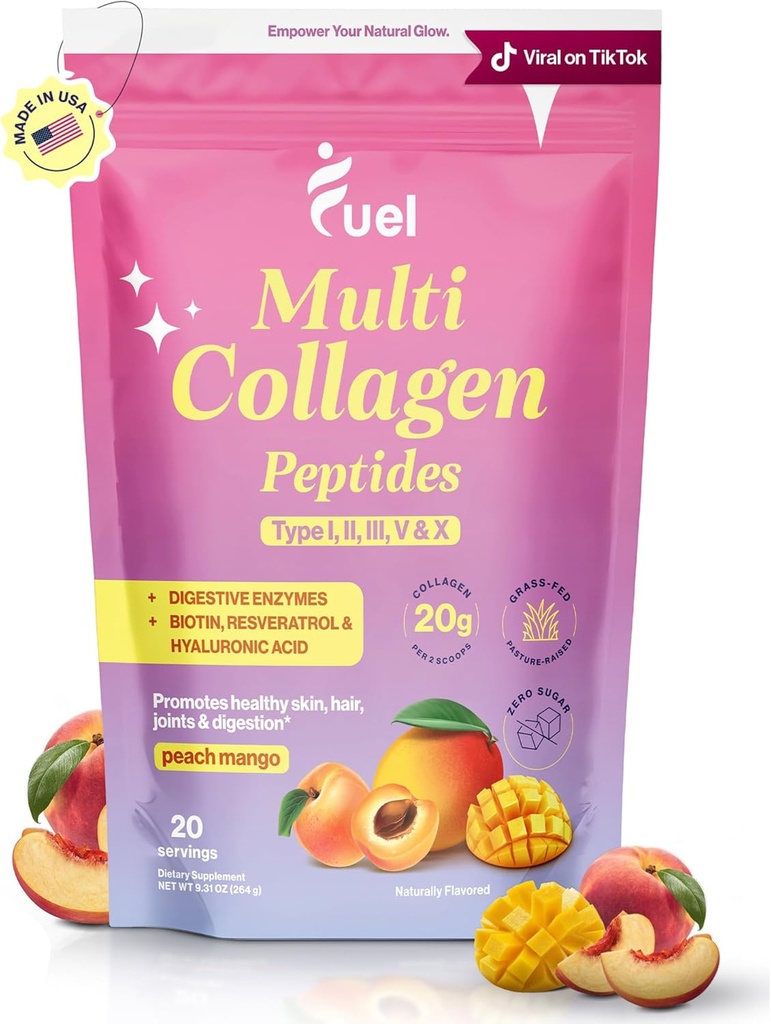 Fuel Multi Collagen Peptider Powder - 20g Hydrolyzed Collagen I, II, III, V & X for hår, hud, negle & fælles støtte - bedre absorption - Keto & Gluten Free, Peach Mango, 9.31oz
