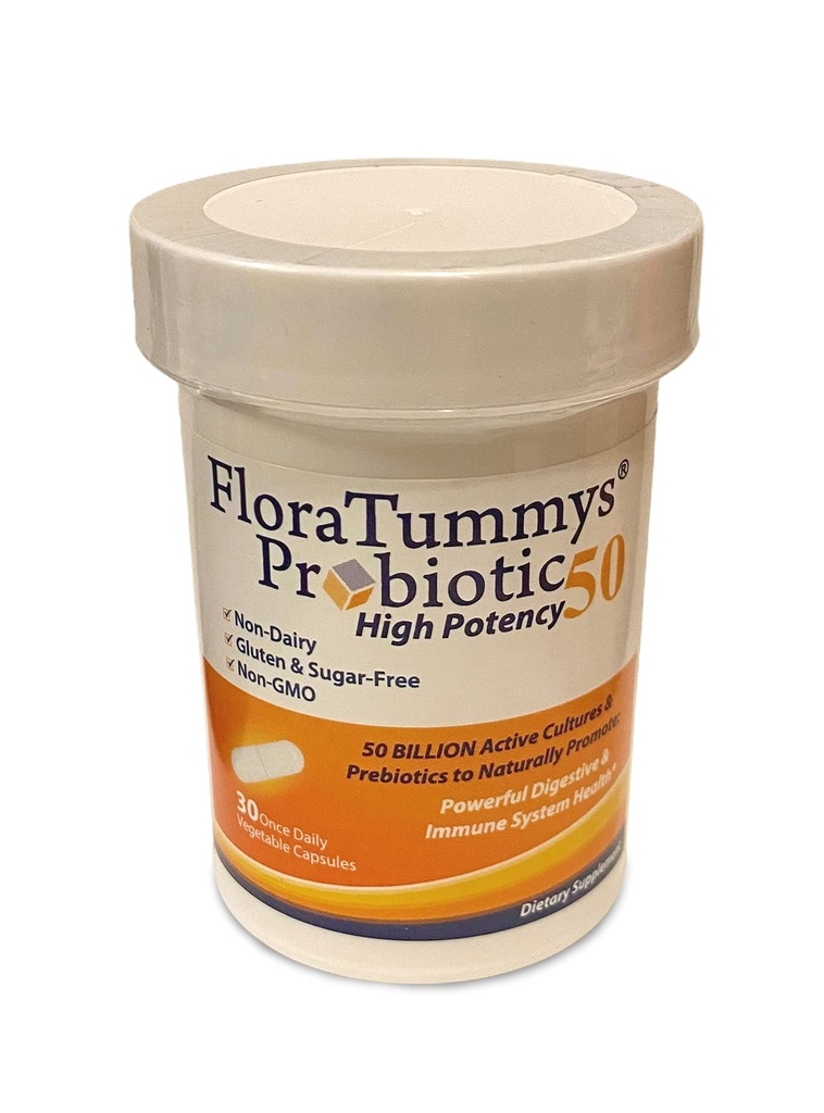 FloraTummys 50 High Potency Voksen Probiotic, 50 Millioner CFU, Prebiotika, Dairy Free, Gluten Free Probiotic, Non- GMO, Sugar- Free, Made in USA