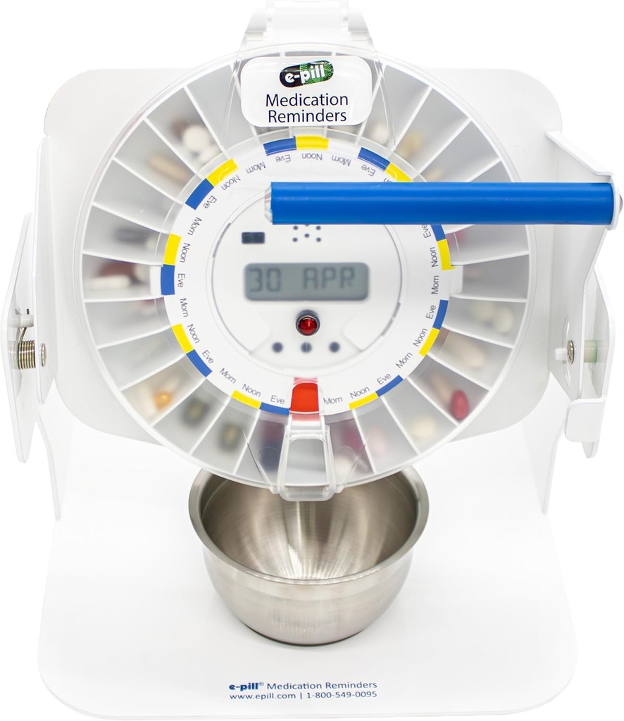 e- Pill MedTime Station - Låst automatisk piledispenser med Tipper Base, 6 Alarmindstillinger - Gennemsigtig klart omslag