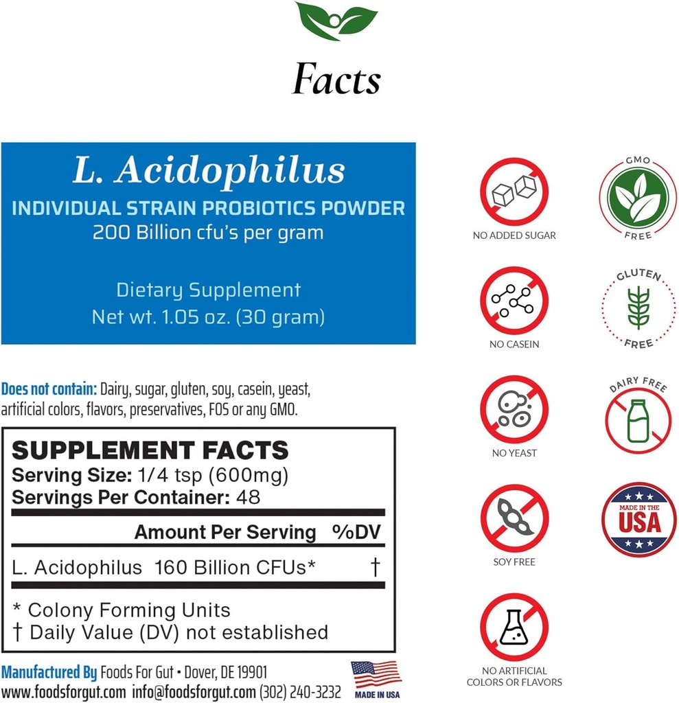 Fødevarer til Gut Lactobacillus Acidophilus Probiotic Powder 200 Millioner cfu 's - 124; Fremstillet i USA - 124; Ingen tilsætningsstoffer - 124; Direkte fra producent - 124; Ingen Third- Party Storage - 124; Municipality Support - 124; 30 Bedste (1,05 Oz)