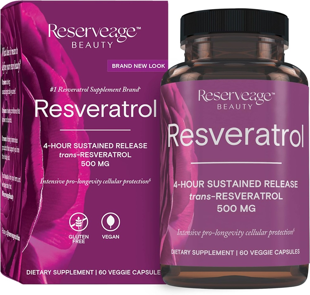 Reserveage Beauty, Resveratrol 500 MG, Trans- Resveratrol Antioxidant Supplement for hjerte og cellulær sundhed, understøtter sund aldring og immunsystem, Paleo, Keto (120 kapsler, 120 servere)