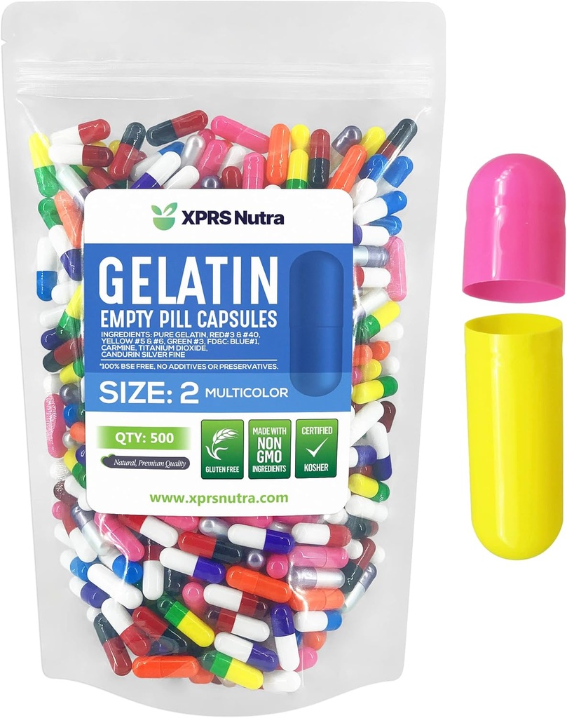 XPRS Nutra Size 2 Empty Capsules - 500 Count Empty Gelatin Capsules - Pills DIY Capsule Filling - Pure Bovine Pill Gel Caps for Do-It-Yourself Supplements (Multi Color)