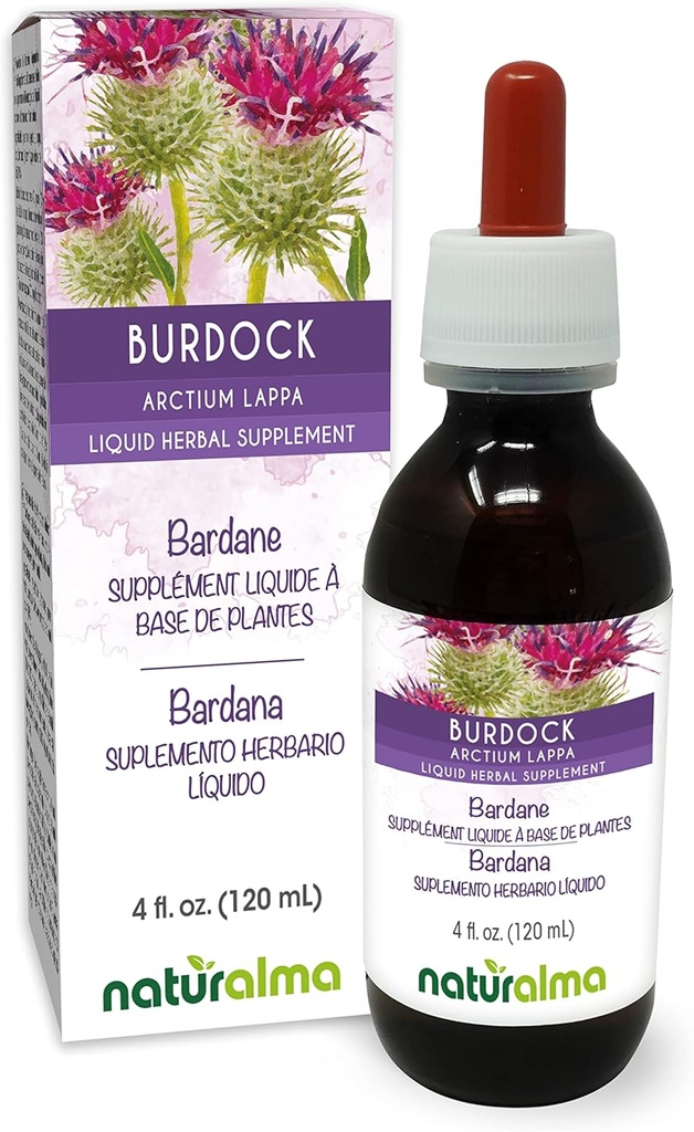 Naturalma Burdock (Arctium lappa) Rod og urt Alkohol- Free Tincture - 4 fl oz Liquid Extract in Drops - Herbal Supplement - Vegan