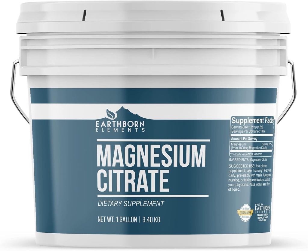 Earthborn Elements Magnesium Citrate 1 Gallon Bucket, Oral Supplement, Ingen tilsætningsstoffer eller Fillers