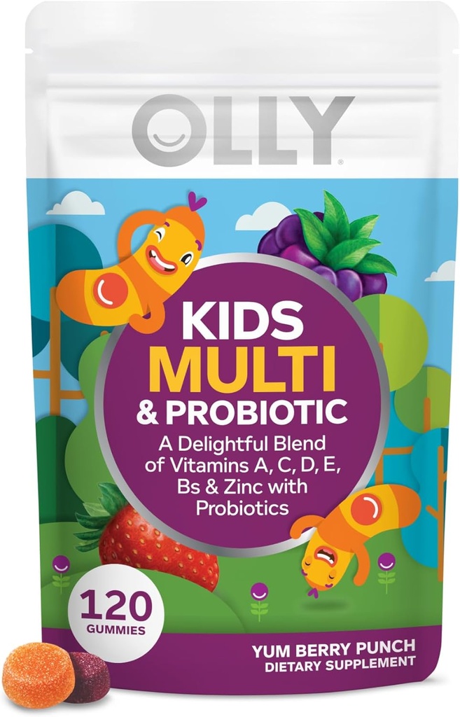 OLLY Kids Multivitamin & Probiotisk Gummy, fordøjelsesstøtte, Vitaminer A, D, C, E, B, Zink, Chewable Supplement, Berry Flavor, 60 dages forsyning - 120 Greve