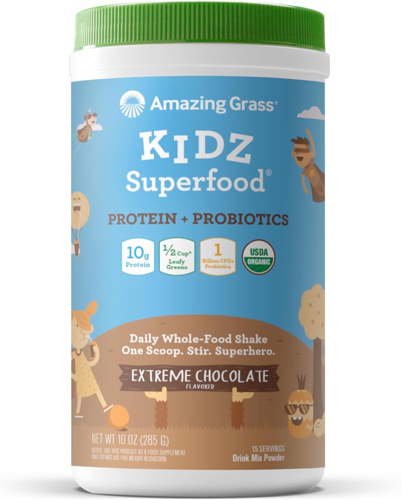 Amazing Grass Kidz Superfood: Vegan Protein & Probiotics for Kids with Beet Root Powder & 1/2 Cup of Leafy Greens, Extreme Chocolate, 15 Servings