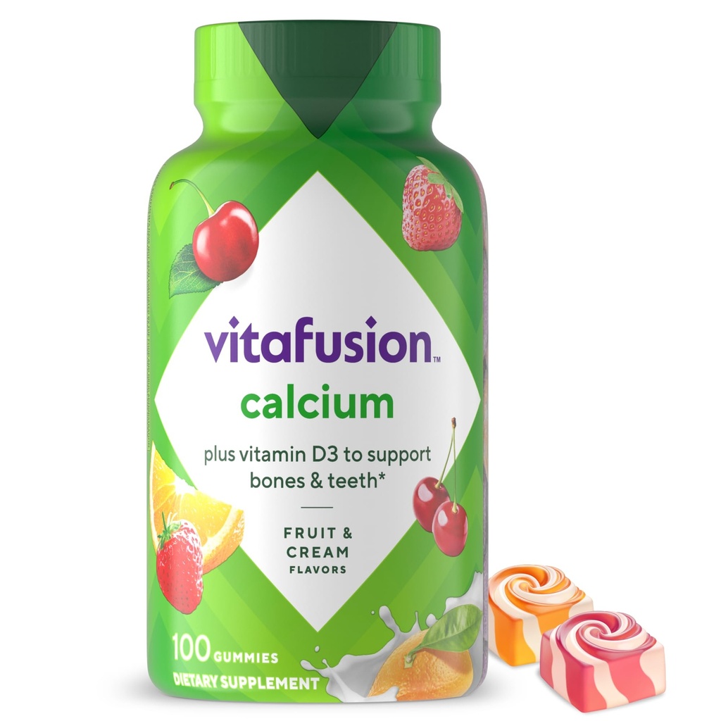 Vitafusion Chewable Calcium Gummy Vitaminer til ben og tænder Support, Calcium Gummies, Frugt og fløde Flavor, 100 Greve, 50 Day Supply
