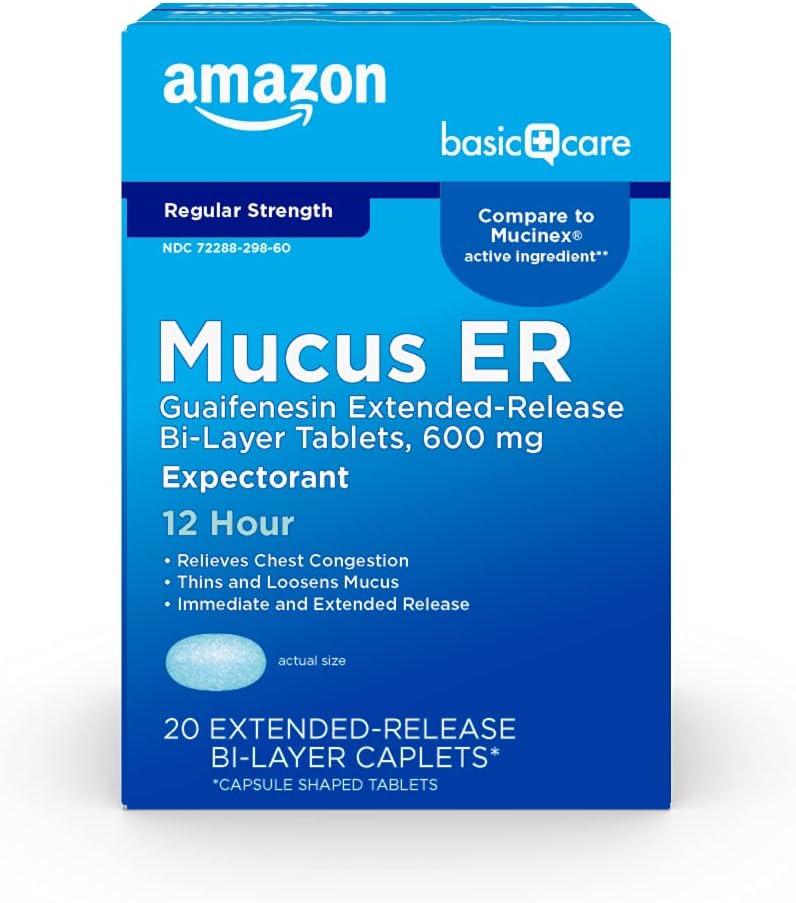 Basic Care Guaifenesin Hoste og Mucus Relief Extendeded - Release Tablets, 600 mg, 12 Hour Expectorant, 20 Greve
